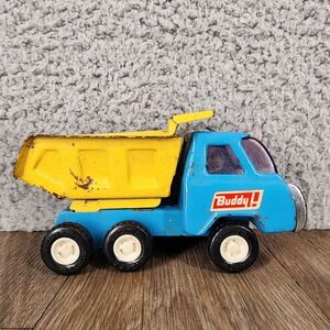 Vintage Buddy L Japan Pressed Steel Dump Truck Blue and Yellow 5.5 Inch Toy